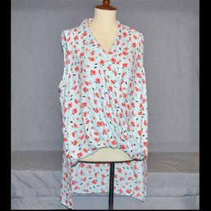 New Jones New York Sleeveless Blouse Size Large Blue & Red Poppy Floral Print
